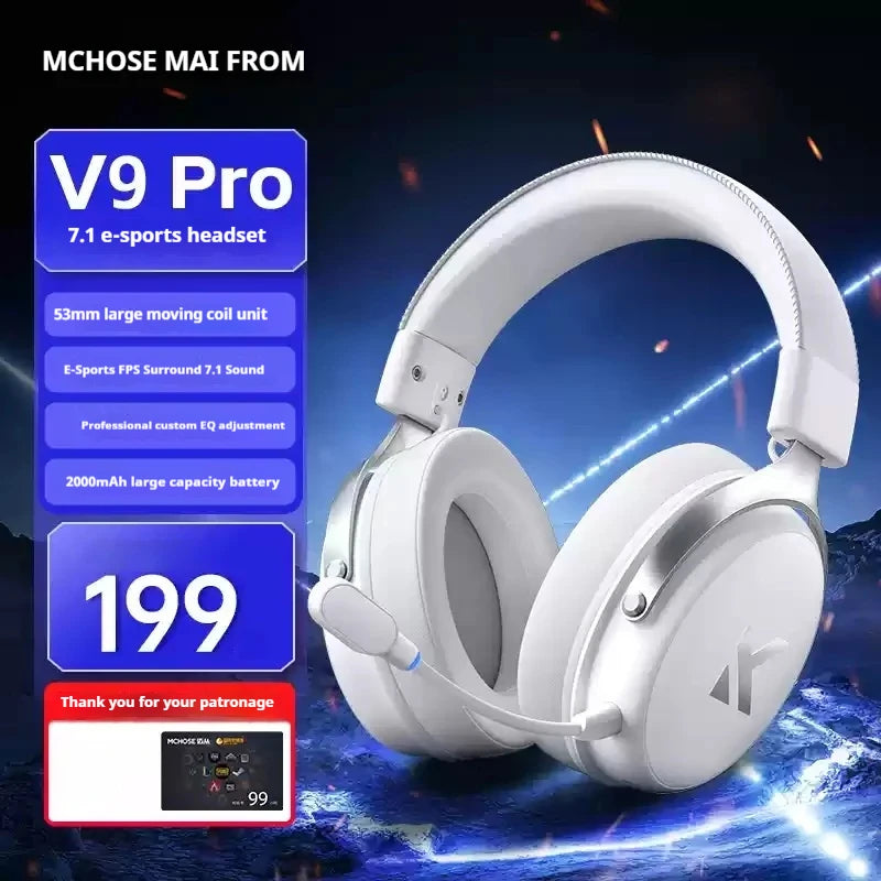 MCHOSE V9 Pro Tri-Mode Gaming Headset – 250-Hour Battery, 15ms Ultra-Low Latency, 53mm Drivers with 7.1 Surround Sound, AI Noise-Canceling Mic for PC/PS5/PS4/Switch/Mobile (Competes with $200+ Headsets)