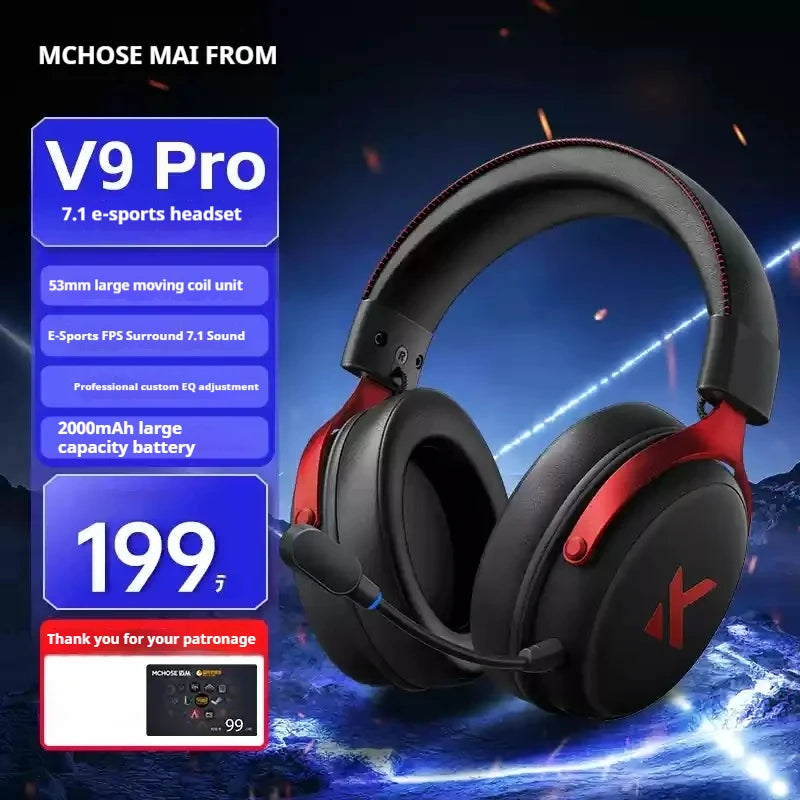 MCHOSE V9 Pro Tri-Mode Gaming Headset – 250-Hour Battery, 15ms Ultra-Low Latency, 53mm Drivers with 7.1 Surround Sound, AI Noise-Canceling Mic for PC/PS5/PS4/Switch/Mobile (Competes with $200+ Headsets)