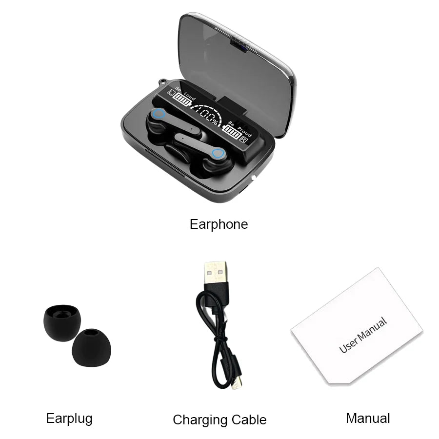 M19 Bluetooth 5.1 Wireless Earbuds with 2000mAh Power Bank Charging Case – True Wireless Gaming Earphones with LED Display, Touch Controls & Emergency Phone Charging