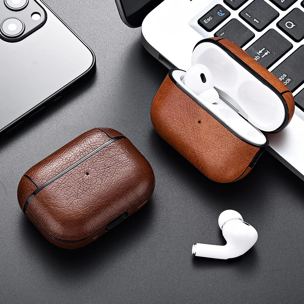 PU Leather Business Case for AirPods Pro 3/2 & AirPods 4/3 – Professional Protective Cover with Wireless Charging (USB-C & Lightning Compatible)
